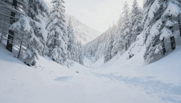 Snow-covered forest in quiet valley