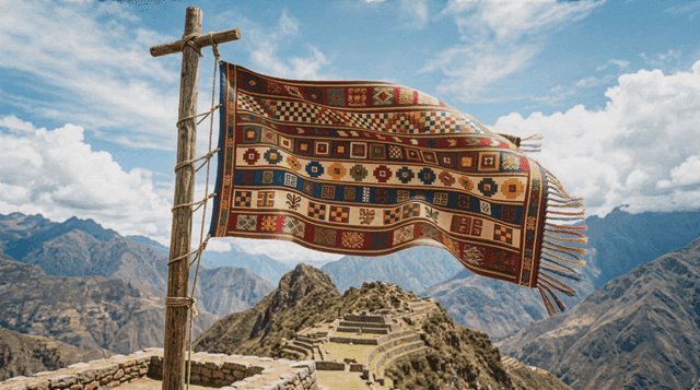 Colorful Inca flags fluttering over ancient ruins