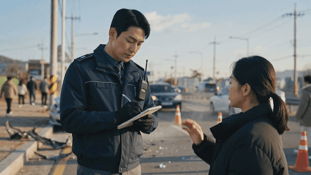 Police officer taking notes at scene of traffic accident