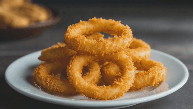 Crispy onion rings stacked on a plate