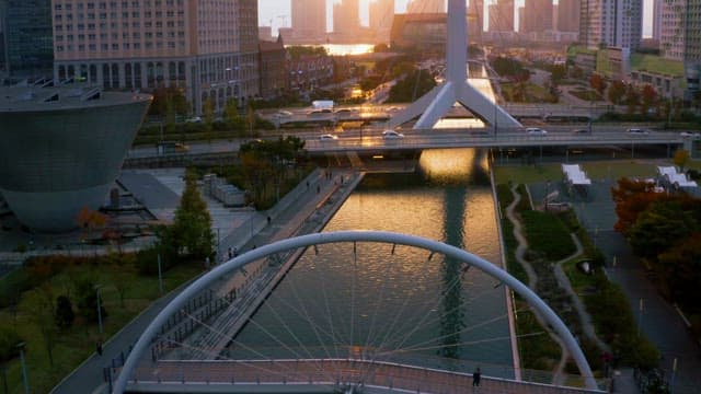 Sunset reflecting a City Park with Various Landscape