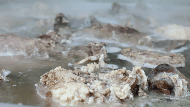 김이 나는 냄비에서 고기가 끓는 모습