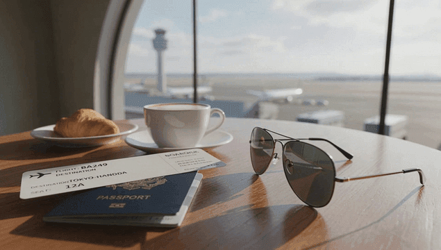 브런치와 비행기 티켓이 올라간 여권이 있는 공항 라운지