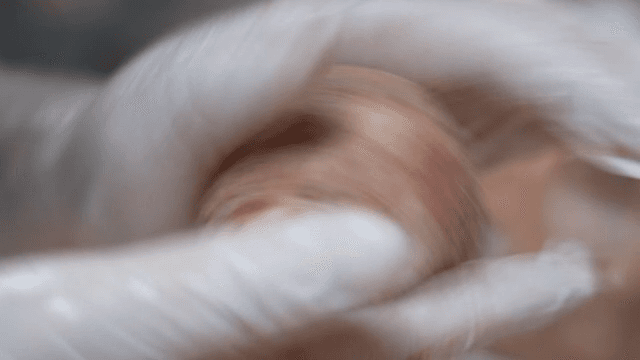 Gloved hands shaping a meatball