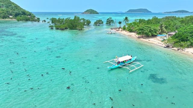 푸른 열대섬 근처를 항해하는 방카 보트