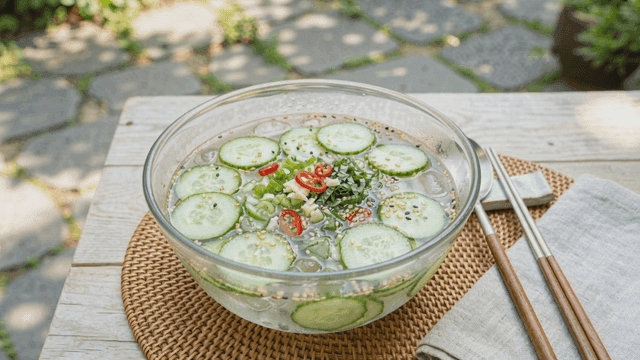 Bowl of refreshing cucumber salad on table