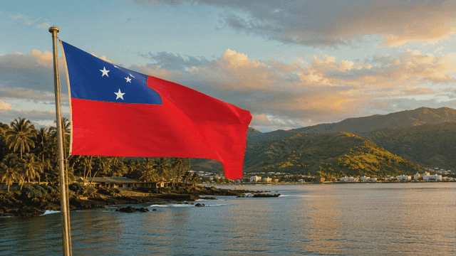 Samoan flag fluttering on seashore
