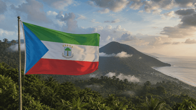 Equatorial Guinea flag fluttering against backdrop of mountains