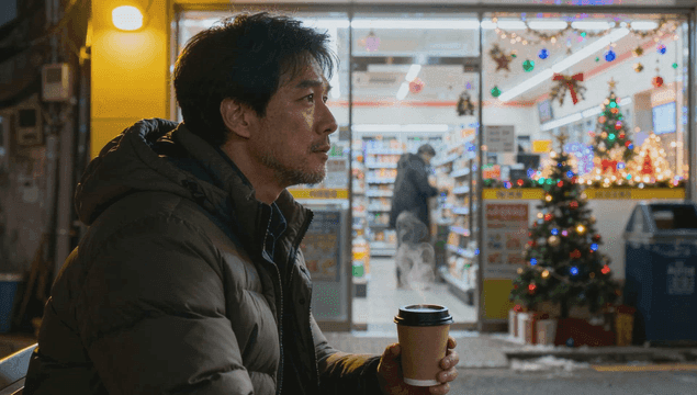 장식된 가게 앞에서 커피를 즐기는 남자