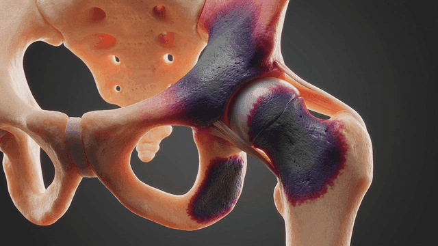 Detailed view of a hip joint with inflammation