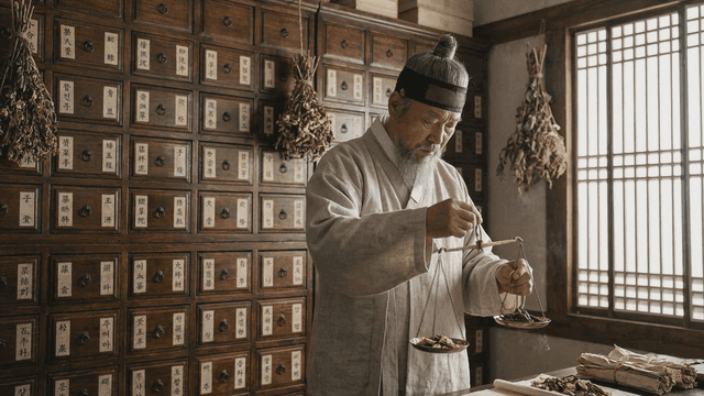 Herbal pharmacist in Hanbok weighing traditional medicinal herbs