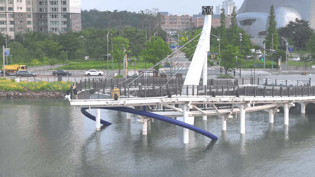 A peaceful bridge over an urban river