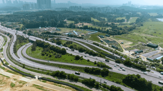 Aerial view of highways and cityscape