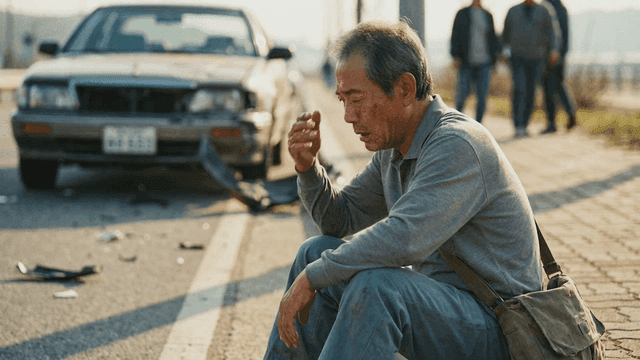 Elderly man sitting by a damaged car