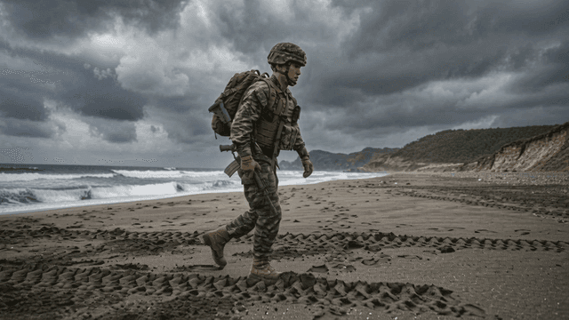 Soldier walking on a stormy beach