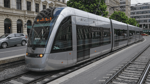 Modern tram trains passing through city streets