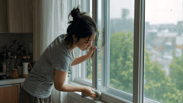 Woman wiping windows on rainy day