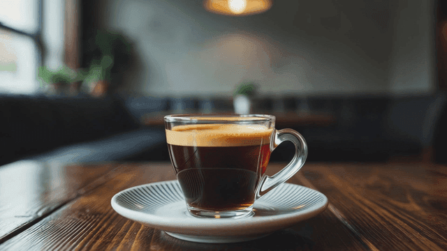 나무 테이블 위의 따뜻한 아메리카노 커피 한 잔