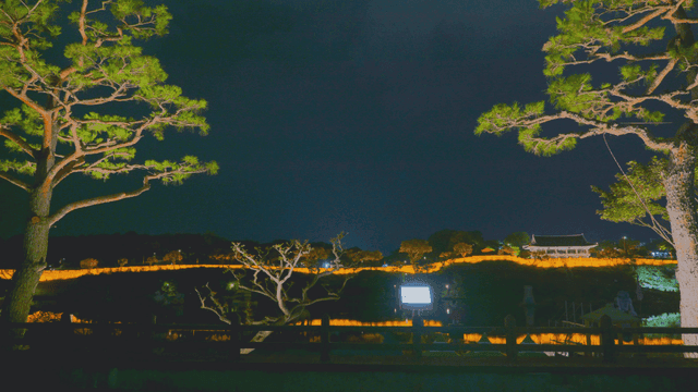 강 위 성곽과 전통 한국 정자의 야경