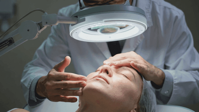 Aesthetician examining a client's skin