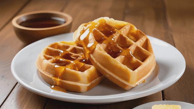 Waffles with syrup and butter on a plate