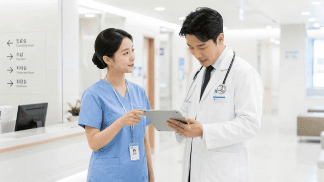 Nurse and doctor discussing while looking at tablet