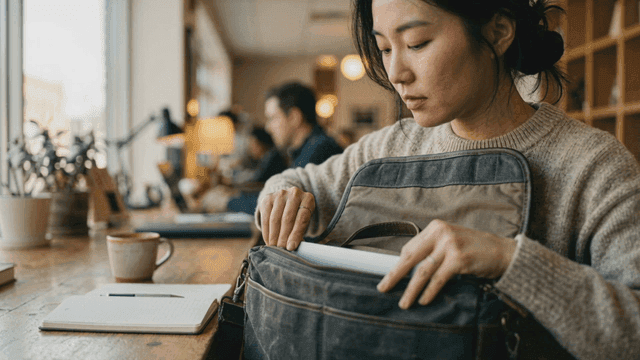 Woman putting laptop into bag at cafe