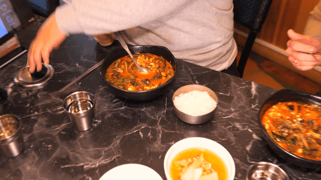 Meal of soft tofu jjambbong and rice