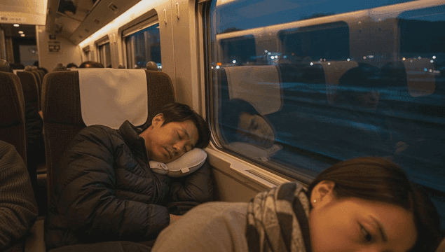 심야 기차 안 피곤함에 자고 있는 승객들