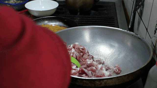 Cooking meat in a pan on a stove