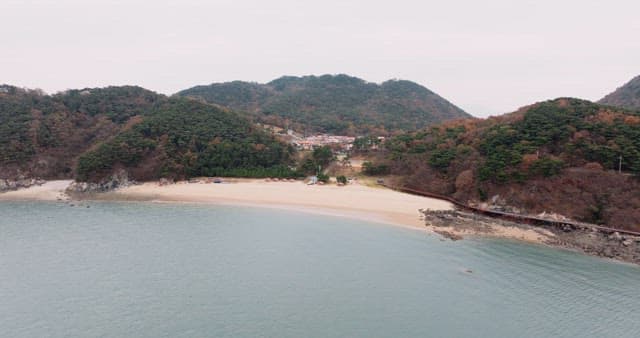 Secluded Beach with Forest and Mountains
