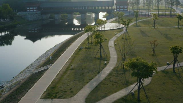 Serene Morning at a Traditional Bridge Park