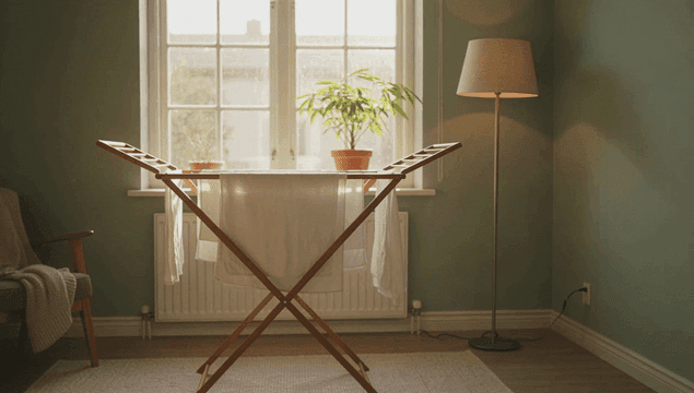 햇살이 비치는 방과 빨래 건조대