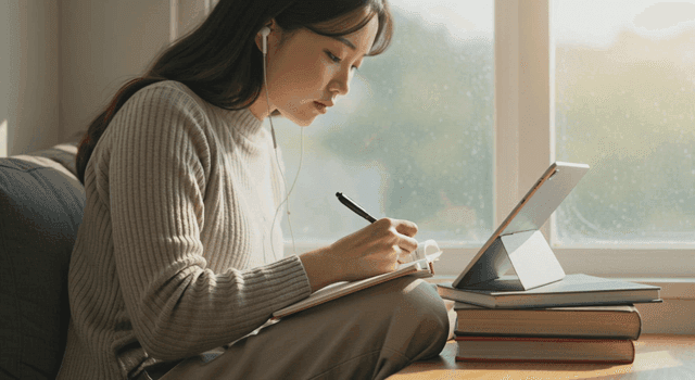 창가에 앉아 태블릿을 보며 공부하는 여성