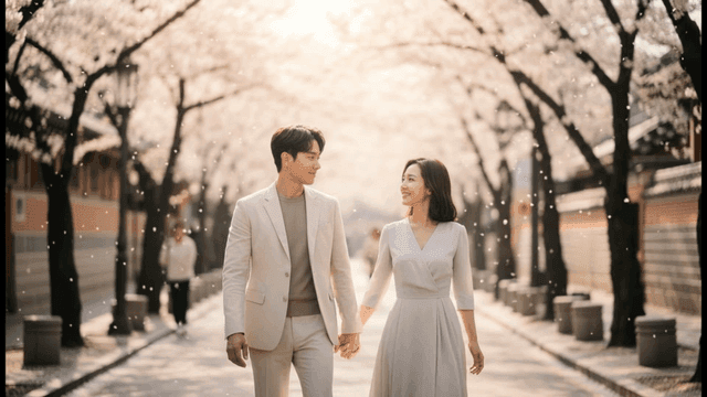 벚꽃 아래 걷는 젊은 커플