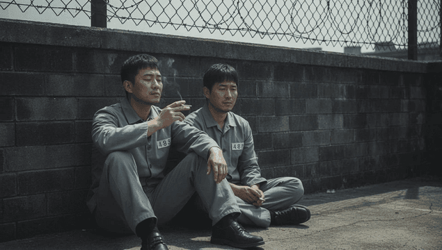 감옥 옥상에서 흡연하는 남성 죄수들