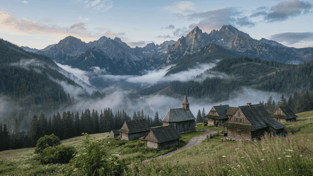 Quiet European mountain village shrouded in morning mist