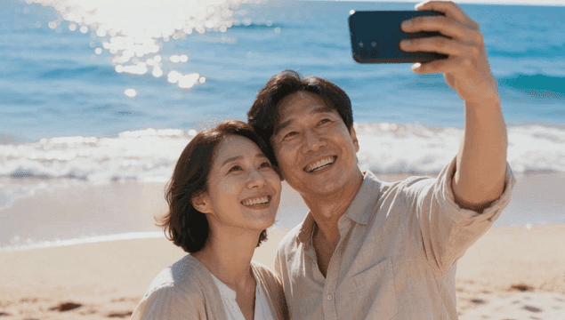 해변에서 셀카를 찍는 중년 커플