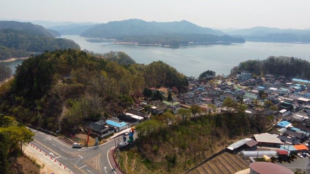 Scenic view of a lakeside village