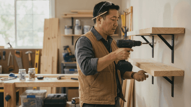Man installing wooden shelves in studio