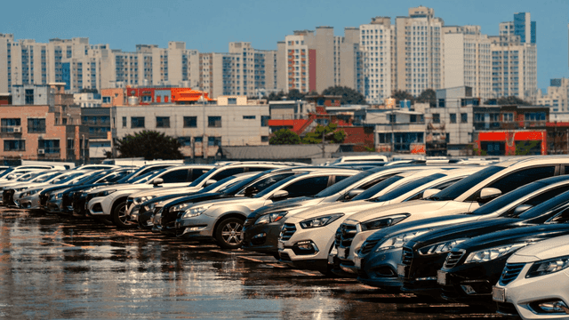 Rippling parking lot and city view