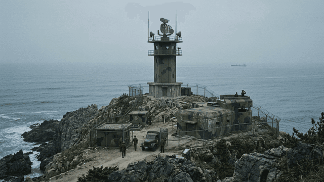 North Korean coastal military base with radar tower