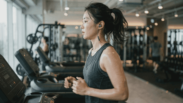 A woman jogging on a treadmill in a gym