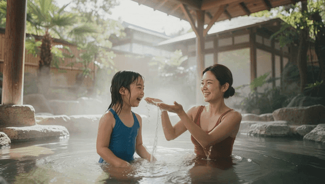 Mother and daughter enjoying a hot spring