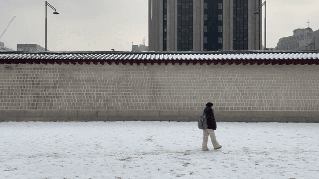 Person walking by a snowy traditional wall