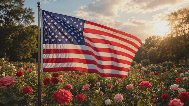 American flag fluttering in rose garden at sunset