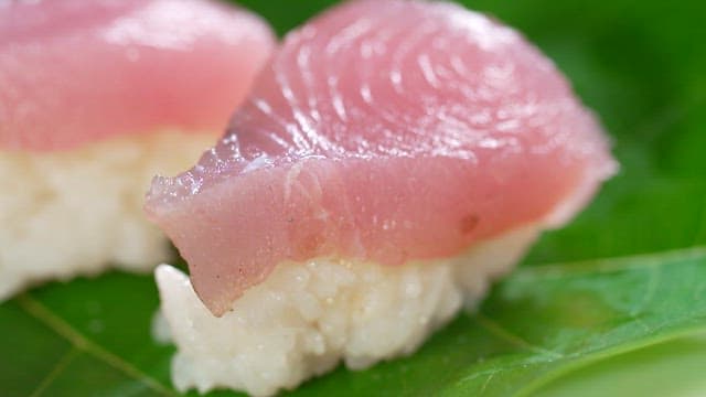 Fresh tuna sushi on a green leaf