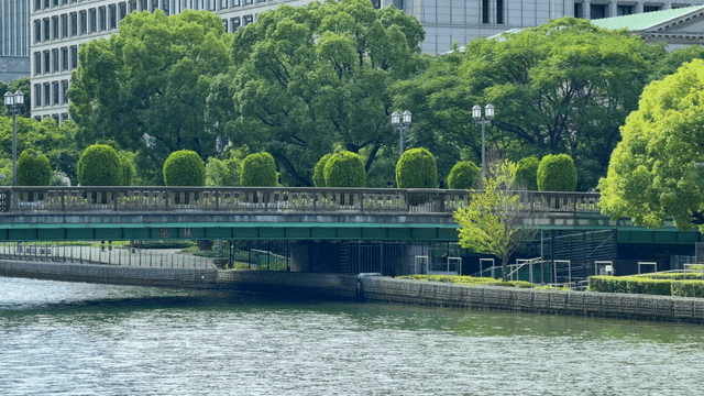 Bridge over river with green trees