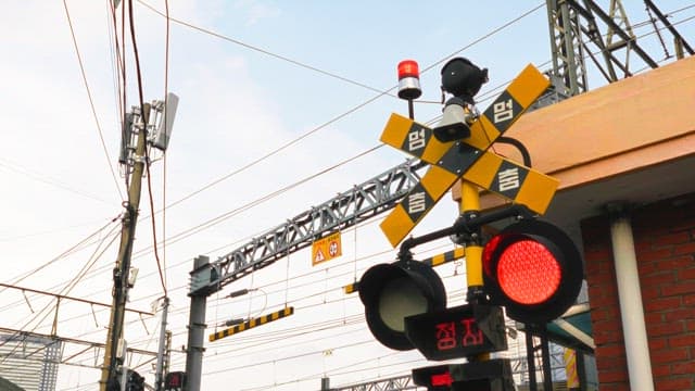 Red traffic light indicating a stop sign at a railroad crossing with trains running