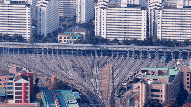 Railway tracks and high-rise apartments